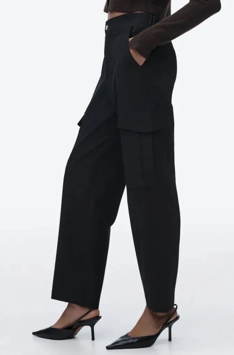 Zara Black Straight Leg Cargo Pocket Trouser Pants High Rise Waist