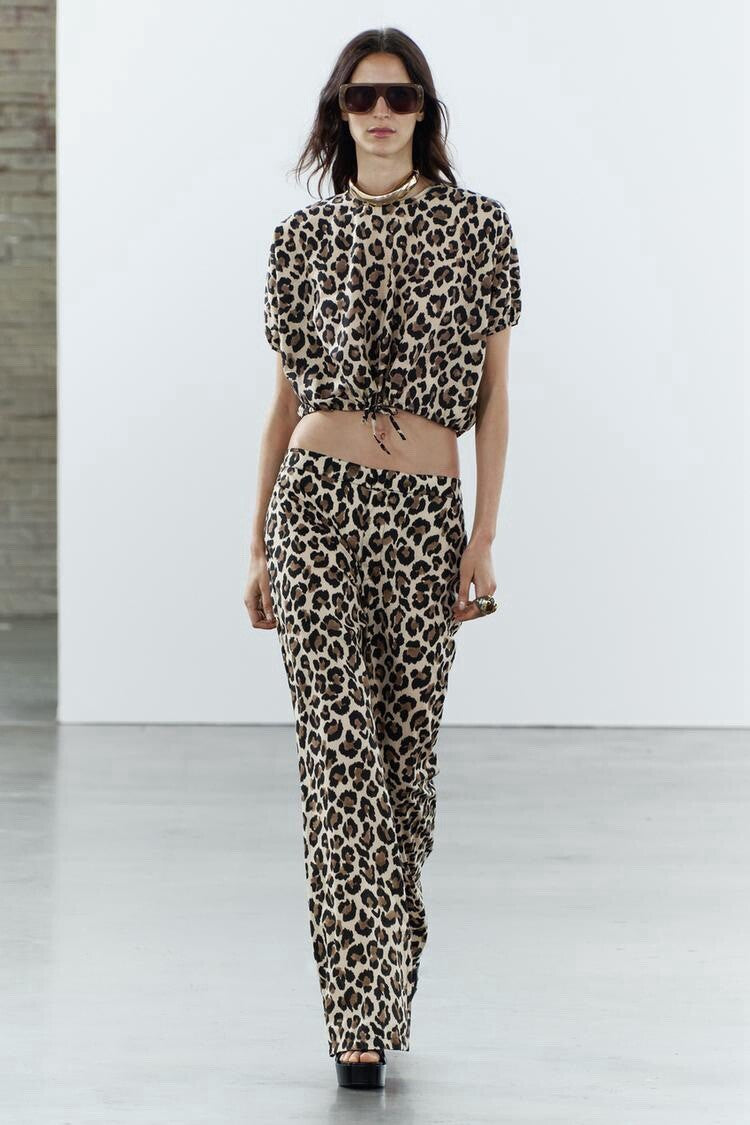 Zara leopard flared high-waisted lightweight trousers