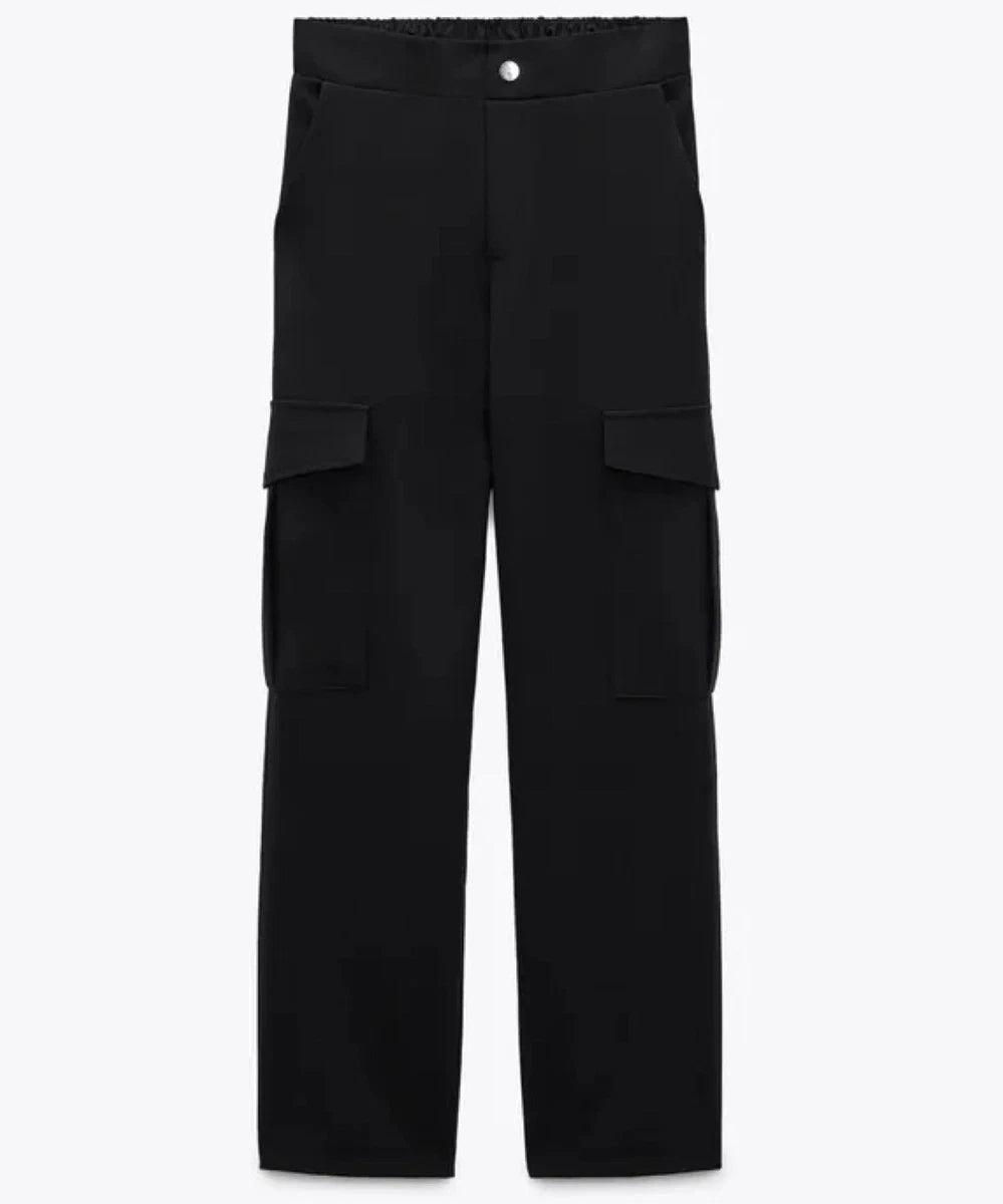 Zara Black Straight Leg Cargo Pocket Trouser Pants High Rise Waist